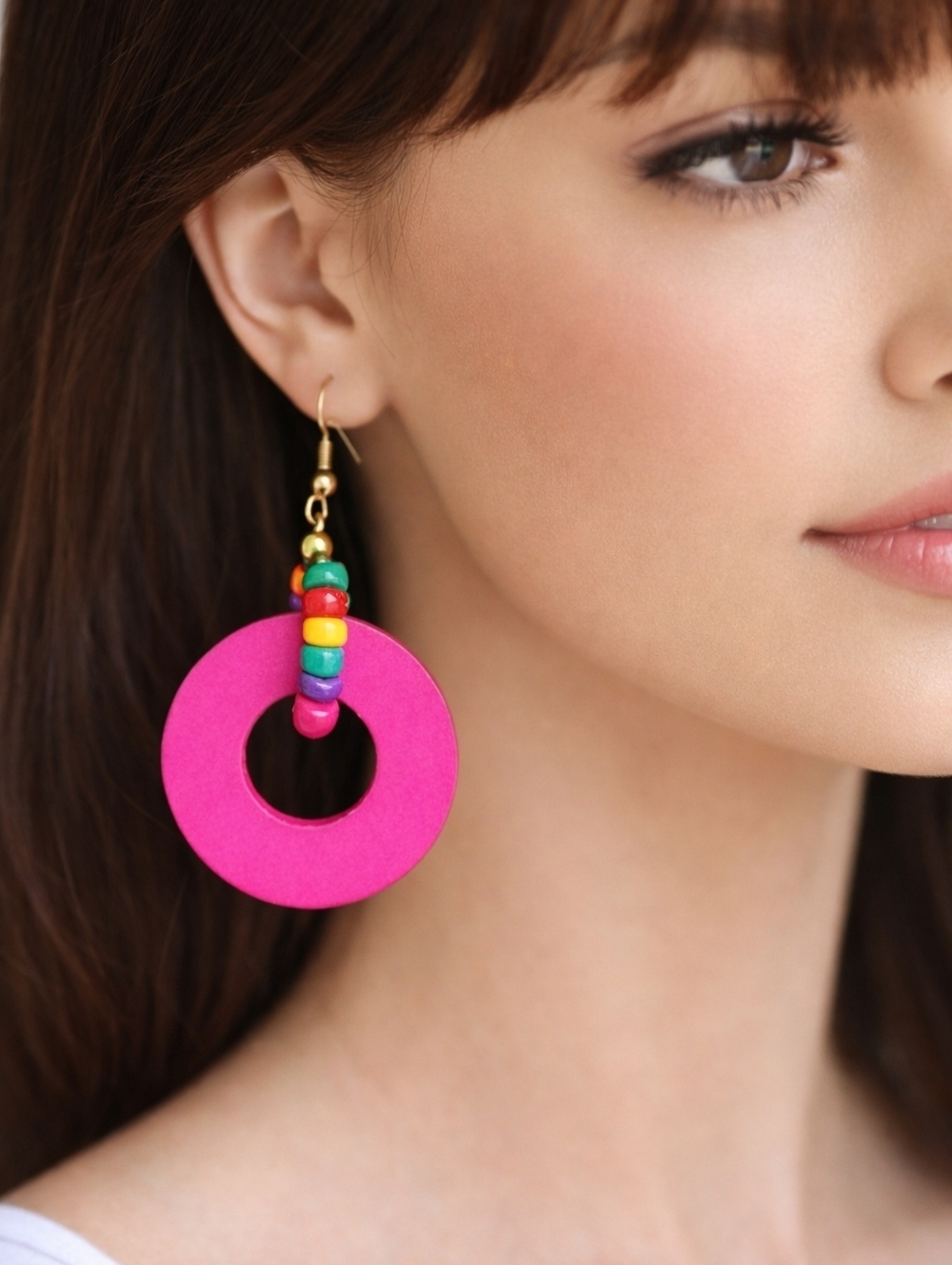 Women's  Gold Colorful Pink Beaded Hoop Drop Earrings, 2.5-in - Fashion Jewelry
